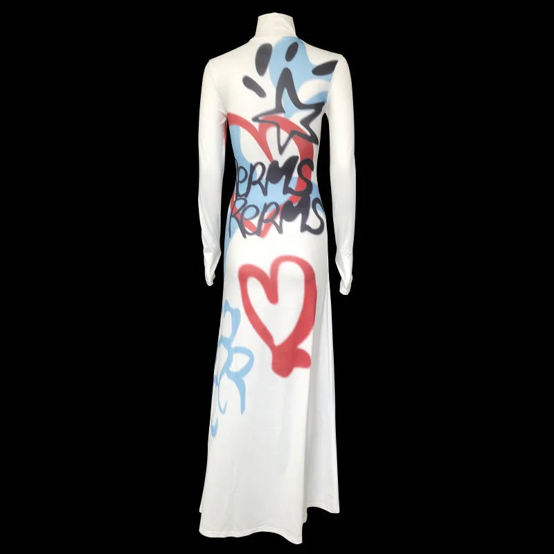 Women's Clothing 2025 New Fashion Fashionable High-neck Color-blocked Graffiti Long-sleeved Hip-hugging Close-fitting Long Dress — image 15