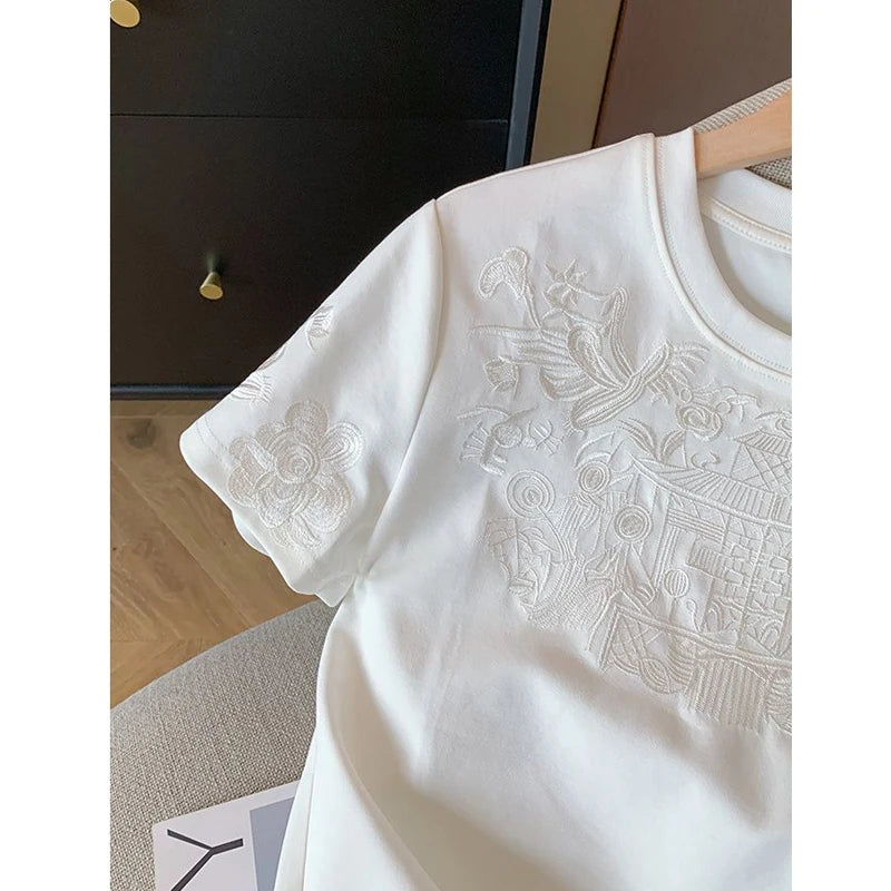 Women Clothing Summer Fashion Vintage Embroidery White Cotton Basic T Shirt Female Simple Casual O Neck Short Sleeve Loose Tops — image 4