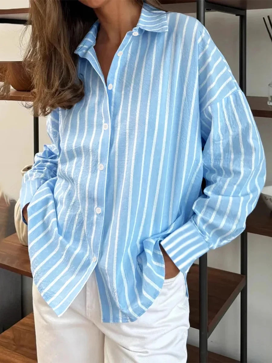 Women Striped Shirts Long Sleeve Casual Loose Button Up Blouses Turn Down Collar Tops Spring Autumn Office Lady Clothes Blusas — image 1