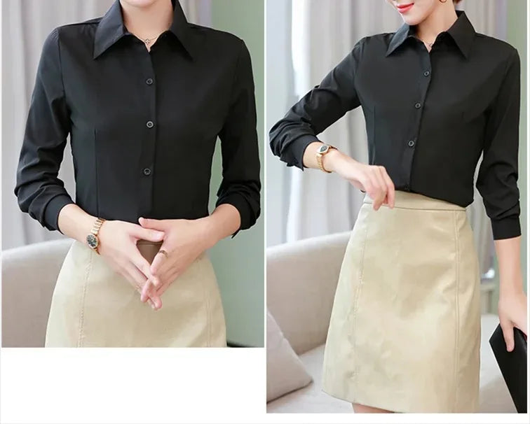 Elegant Women Shirts Woman White Shirt Long Sleeve Blouse Office Lady business Pink Shirts Button Solid Women work Blouses Tops — image 13