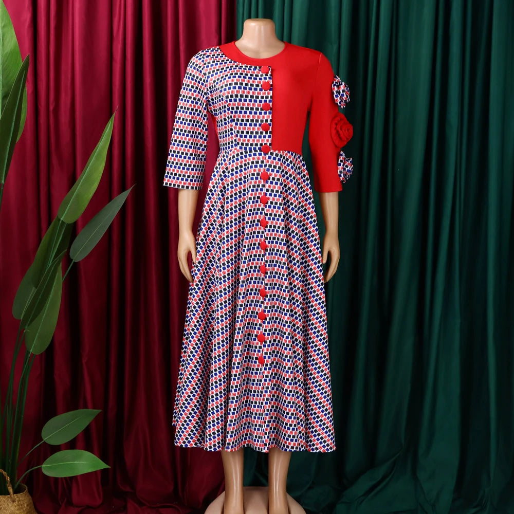 Elegant Dresses for Women 2025 Fall Fashion African 3/4 Sleeve Party Birthday New Robe Chic 3D Flower Plaid Evening A-Line Dress — image 11