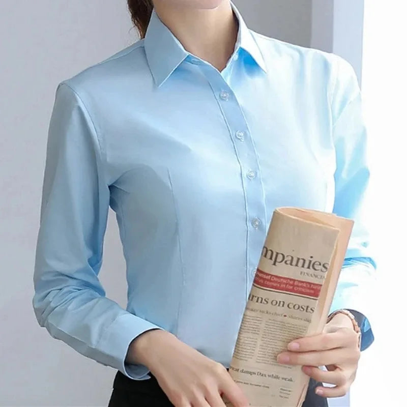 Elegant Women Shirts Woman White Shirt Long Sleeve Blouse Office Lady business Pink Shirts Button Solid Women work Blouses Tops — image 2
