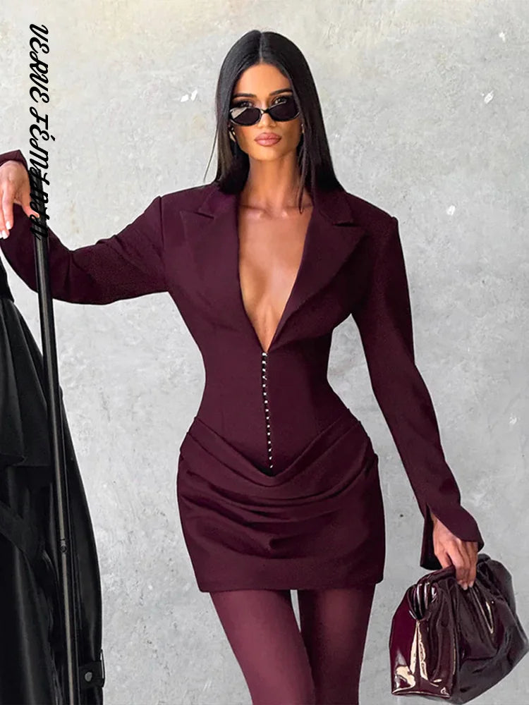 Women's Evening Dresses Deep V-neck Short Pleat Bodycon Dress Autumn 2025 Female Lapel Long Sleeves Waist Cinching New Partywear — image 6