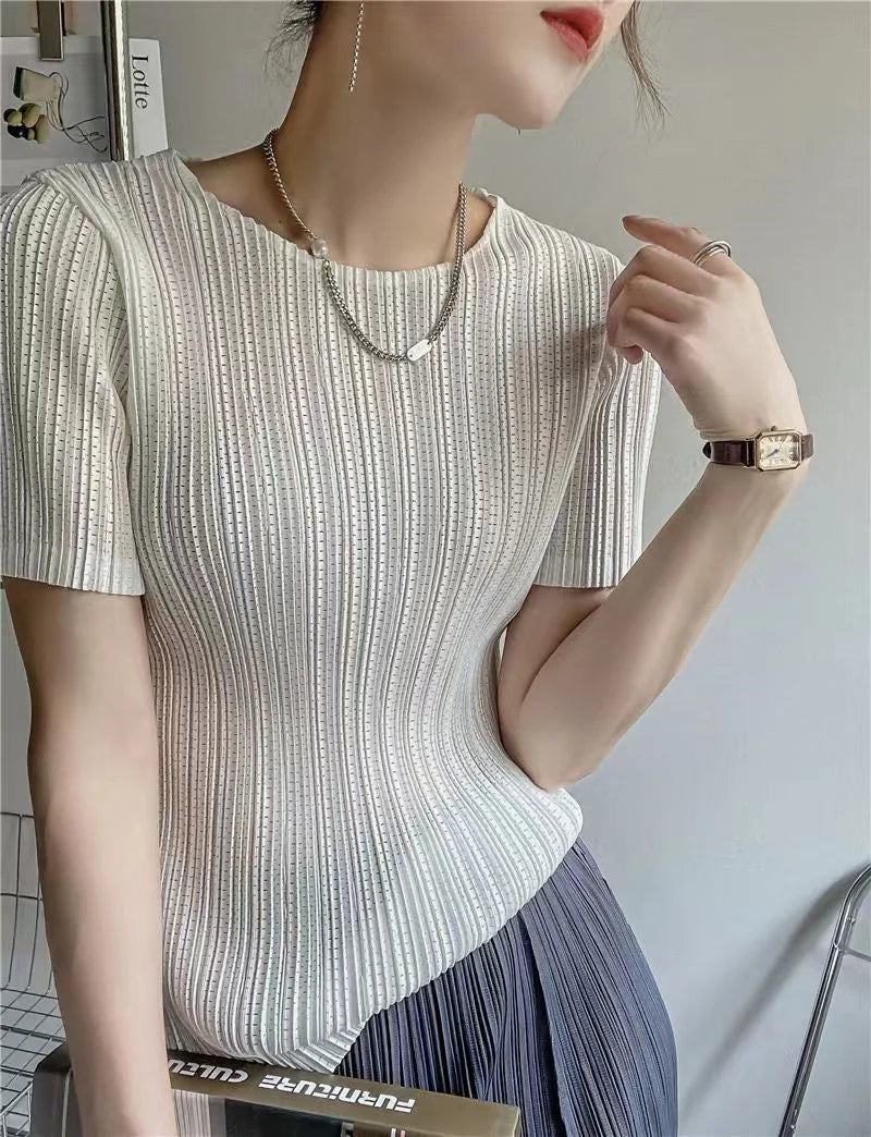 Woman Clothing  Top Women Miyake Pleated Short-sleeved Female Summer Thin Elastic Round Neck Joker Slim Pleated Hollow T-shirt — image 13