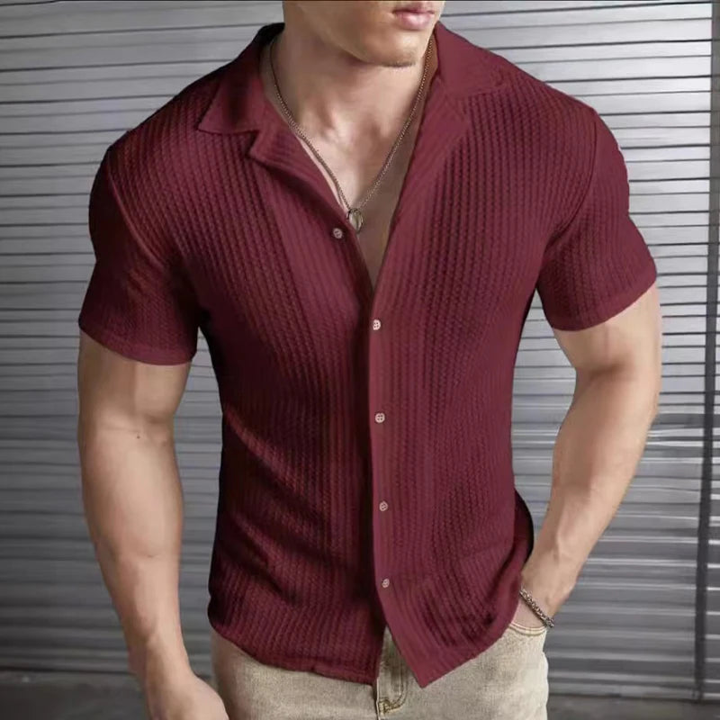 New Men's Shirts Spring Summer Fashion Casual Slim Fit Top Short Sleeved Solid Color Striped Waffle Shirt For Man Clothing — image 4