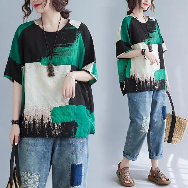 Women Clothing 2025 New Summer Clothing New Style Retro Loose Cotton Linen Short-sleeved T-shirt Top — image 8