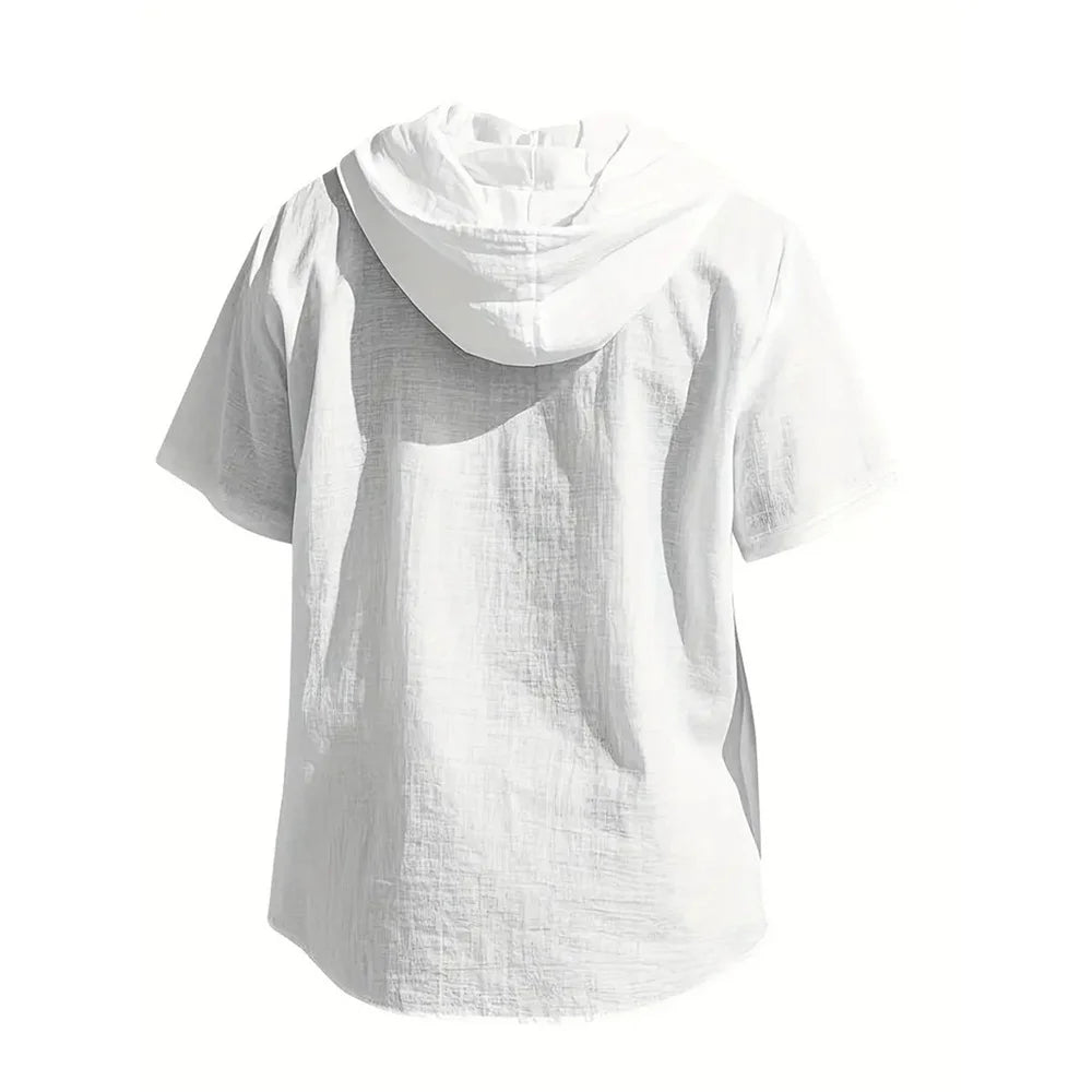 Cotton Linen Shirt for Men Hooded Short Sleeve Solid Color Breathable Lightweight Drawstring Design Shirts Casual Basic Tees — image 8