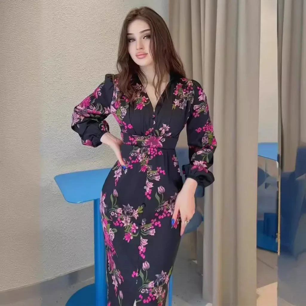New Women's Clothing. Retro Printed Long Dress with A V-neck. Waist-cinching, Slit Design and Slimming Long Dress for Women. — image 1