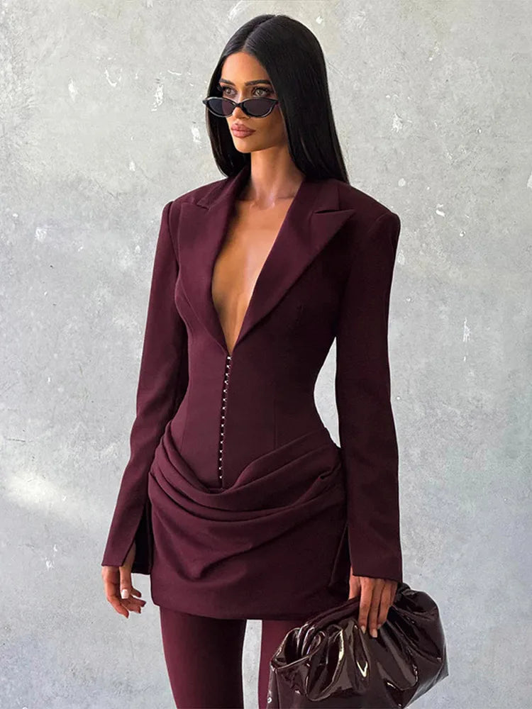 Women's Evening Dresses Deep V-neck Short Pleat Bodycon Dress Autumn 2025 Female Lapel Long Sleeves Waist Cinching New Partywear — image 19