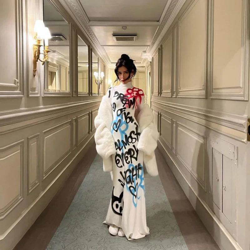 Women's Clothing 2025 New Fashion Fashionable High-neck Color-blocked Graffiti Long-sleeved Hip-hugging Close-fitting Long Dress — image 10