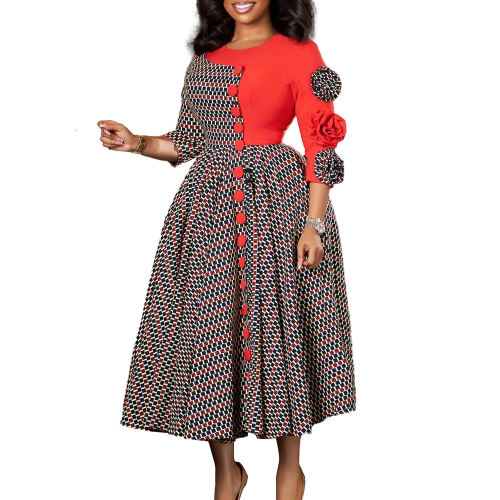 Elegant Dresses for Women 2025 Fall Fashion African 3/4 Sleeve Party Birthday New Robe Chic 3D Flower Plaid Evening A-Line Dress — image 9