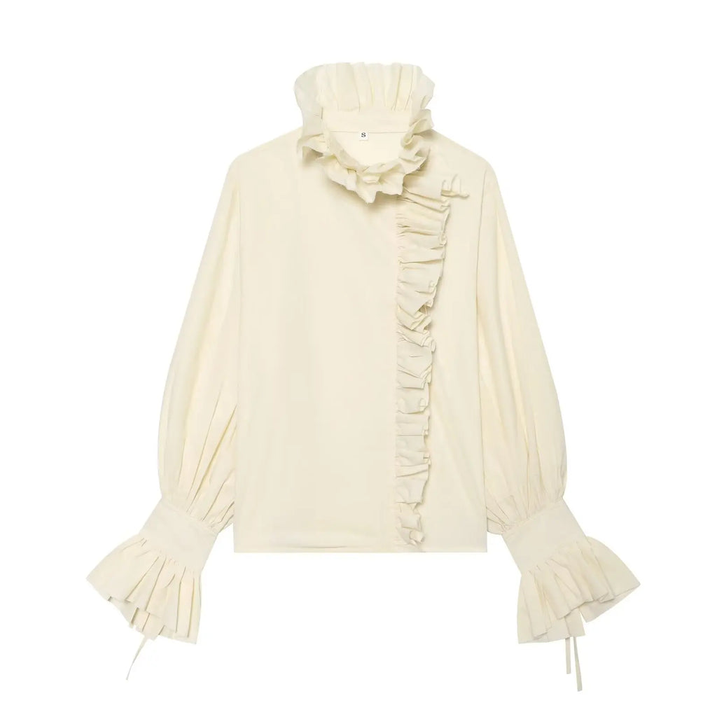 Women Elegant Vintage White Shirts Spring Summer Female Ruffles Stand Blouses Top Lady Korean Long Sleeve High Street Casual Top — image 2