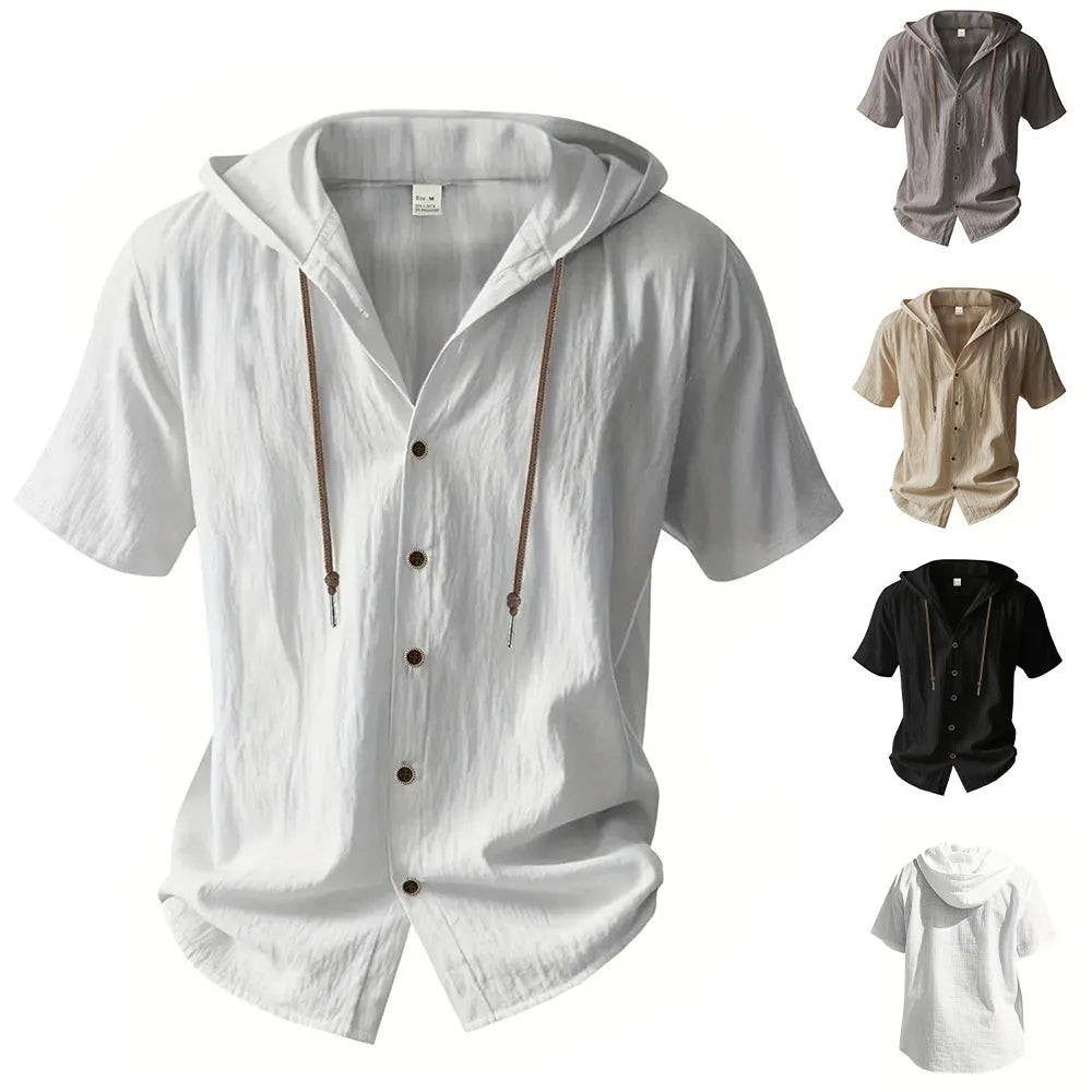 Cotton Linen Shirt for Men Hooded Short Sleeve Solid Color Breathable Lightweight Drawstring Design Shirts Casual Basic Tees — image 1