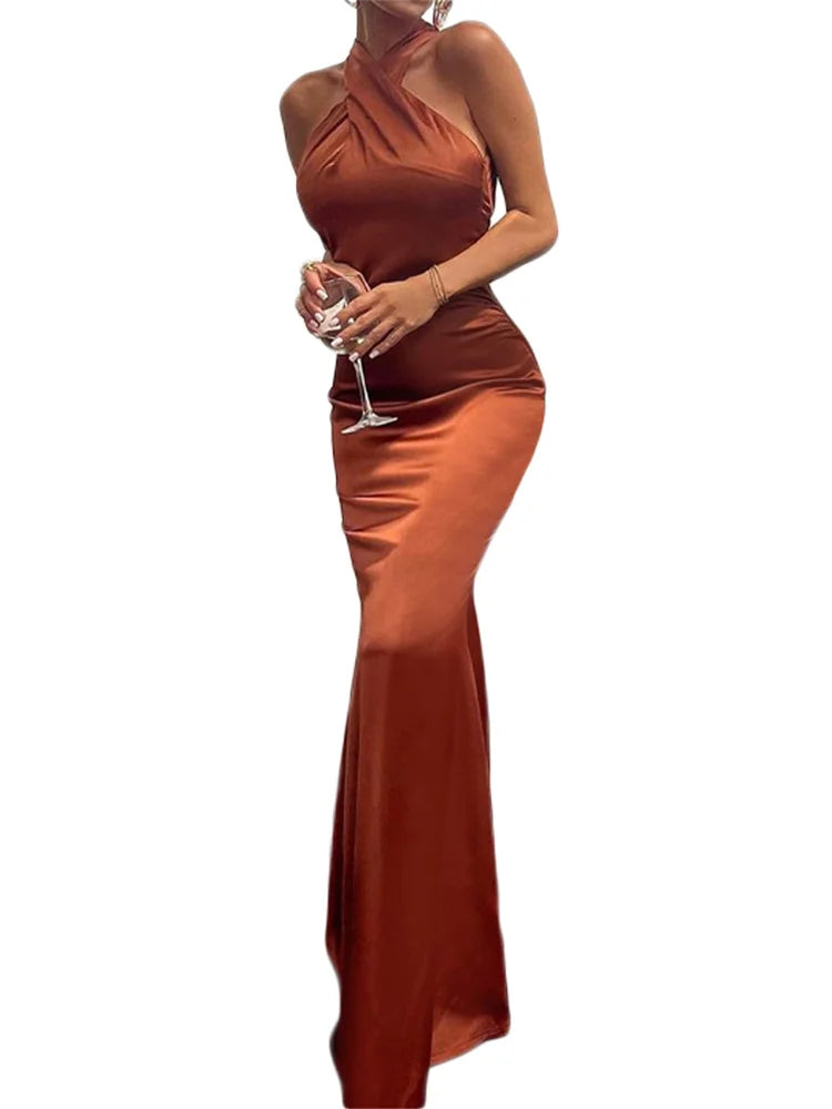 Women Long Dress Cross Halter Backless Ball Gown Cocktail Party Evening Dresses Sleeveless Summer Dress — image 3