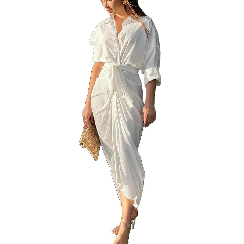 Women's Clothing 2025 Summer New Fashion Solid Color Long-sleeved Medium and Long Shirt Dress — image 10