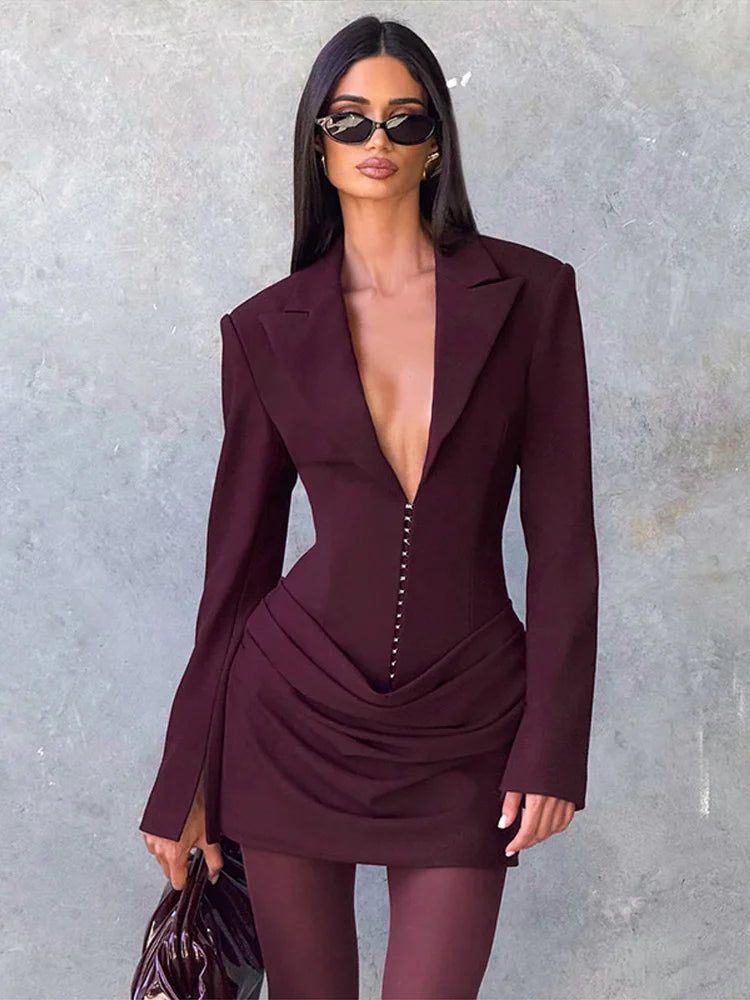 Women's Evening Dresses Deep V-neck Short Pleat Bodycon Dress Autumn 2025 Female Lapel Long Sleeves Waist Cinching New Partywear — image 20