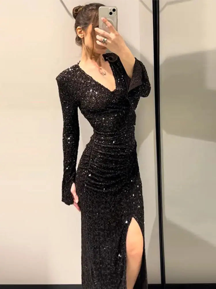Women's Party Dress Sexy Deep V-neck Sequins Split Full Sleeve Hip Package Dressess Female 2025 Autumn Woman Evening Vestidos — image 3