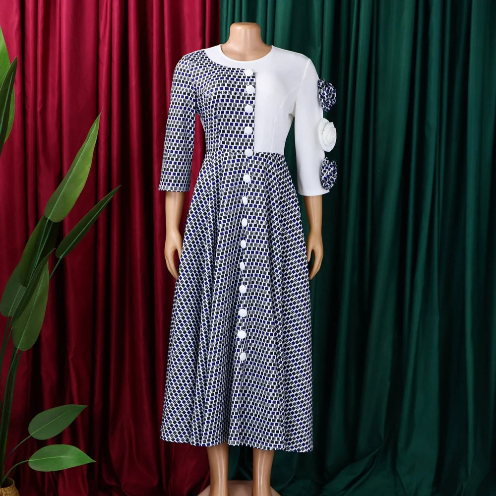 Elegant Dresses for Women 2025 Fall Fashion African 3/4 Sleeve Party Birthday New Robe Chic 3D Flower Plaid Evening A-Line Dress — image 14