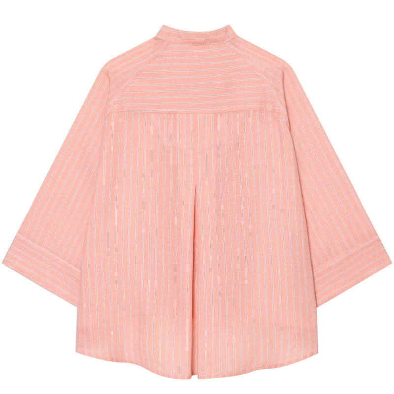 Women's Pink Striped Shirts Summer Asymmetric Button Mid Sleeve Loose Fit Shirts Casual Office Look Vintage Elegant Female Tops — image 14