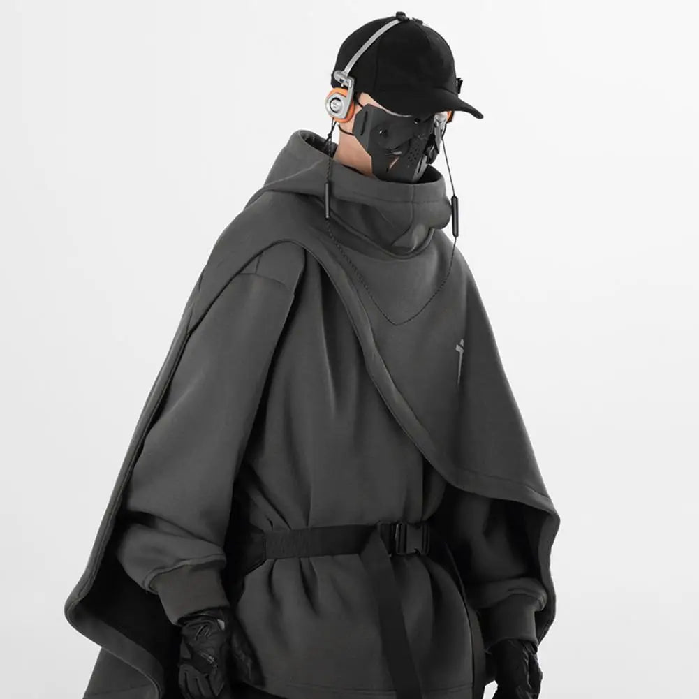Men Hoodie Fake Two-piece Poncho Multi-Layered Irregular Mechanical Style Hoodie High Collar Batwing Sleeve Street Wear Hoodie — image 3