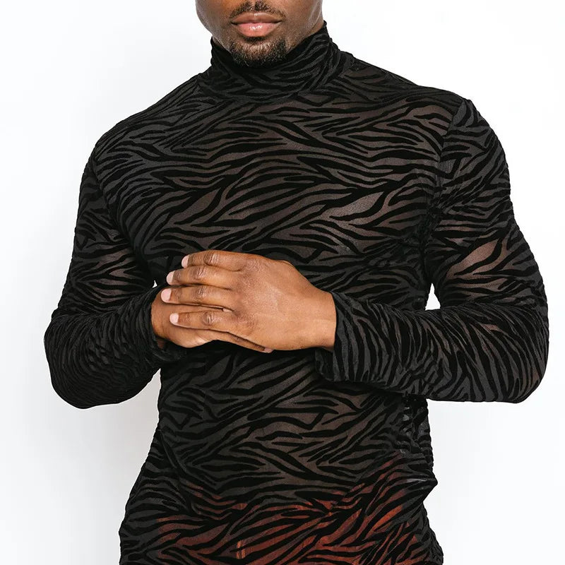 Men's T Shirt Perspective Turtleneck Long-sleeved Lace Tight Fitting T-shirt for Men Streetwear Bottoming Shirt Inside Male Tops — image 9