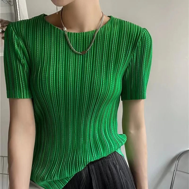 Woman Clothing  Top Women Miyake Pleated Short-sleeved Female Summer Thin Elastic Round Neck Joker Slim Pleated Hollow T-shirt — image 5