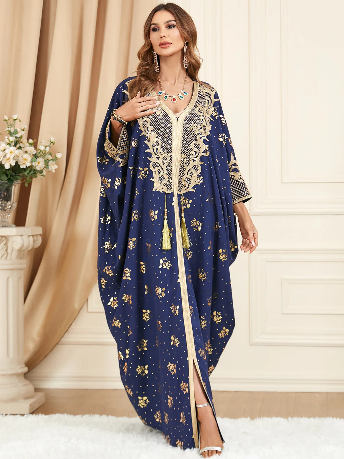 Muslim Dresses Women Elegant Long Robe Middle East Dubai Loose Abaya Bat Sleeve V-neck Tassel Evening Dress Femme Party Vestidos — image 7