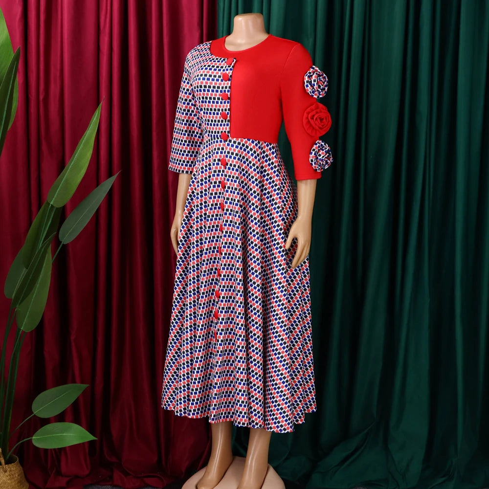Elegant Dresses for Women 2025 Fall Fashion African 3/4 Sleeve Party Birthday New Robe Chic 3D Flower Plaid Evening A-Line Dress — image 12