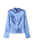 Women's Shirts Lapel Waist Cinching Single Breasted Satin Blouses Spring Female Long Sleeve Slim Tops Chic Ladies Club Partywear — image 7