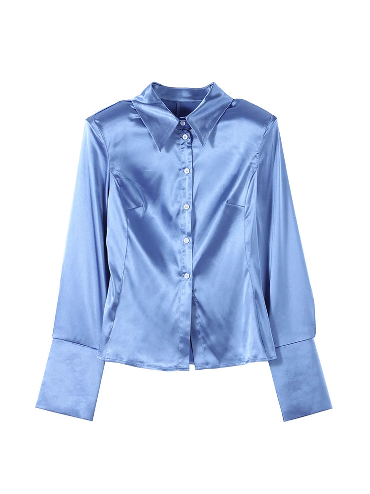 Women's Shirts Lapel Waist Cinching Single Breasted Satin Blouses Spring Female Long Sleeve Slim Tops Chic Ladies Club Partywear — image 7