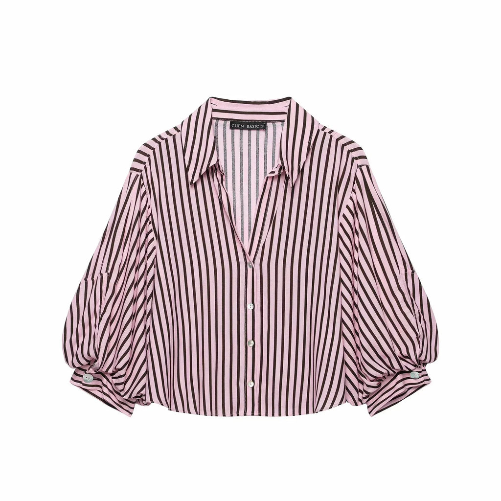 Women Striped Shirts For Women Vintage Elegant Puff Sleeve Summer New High Street Clothes Leisure Single-breasted Lapel Blouse — image 7