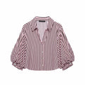 Women Striped Shirts For Women Vintage Elegant Puff Sleeve Summer New High Street Clothes Leisure Single-breasted Lapel Blouse — image 7