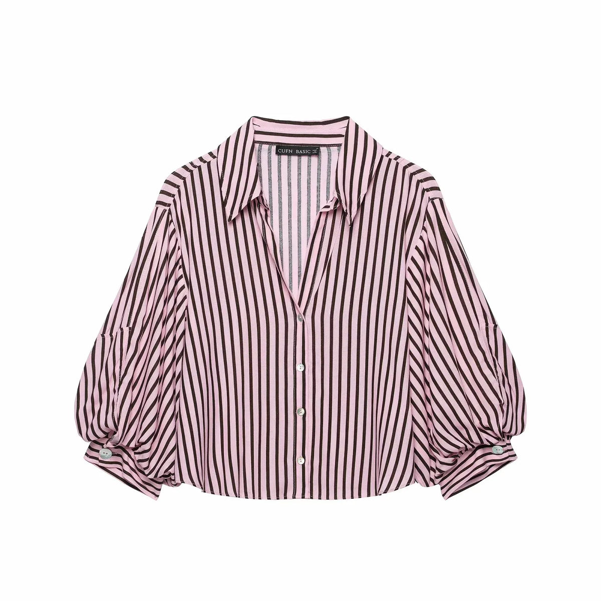 Women Striped Shirts For Women Vintage Elegant Puff Sleeve Summer New High Street Clothes Leisure Single-breasted Lapel Blouse — image 7