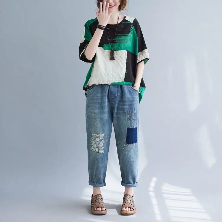 Women Clothing 2025 New Summer Clothing New Style Retro Loose Cotton Linen Short-sleeved T-shirt Top — image 15