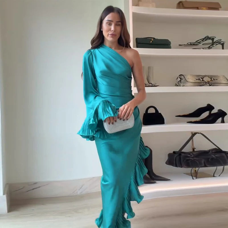 Women's Dresses Elegant Party Dress Satin One-Shoulder Ruffled Midi Dress Sexy Elegant Formal Gown Woman Clothes New Outerwear — image 12