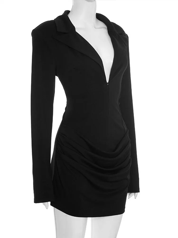 Women's Evening Dresses Deep V-neck Short Pleat Bodycon Dress Autumn 2025 Female Lapel Long Sleeves Waist Cinching New Partywear — image 13