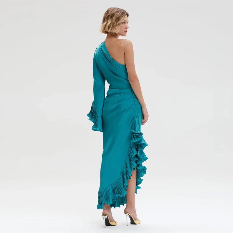 Women's Dresses Elegant Party Dress Satin One-Shoulder Ruffled Midi Dress Sexy Elegant Formal Gown Woman Clothes New Outerwear — image 11