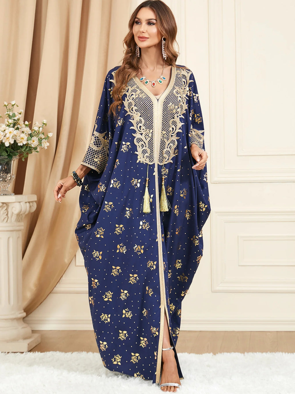 Muslim Dresses Women Elegant Long Robe Middle East Dubai Loose Abaya Bat Sleeve V-neck Tassel Evening Dress Femme Party Vestidos — image 17