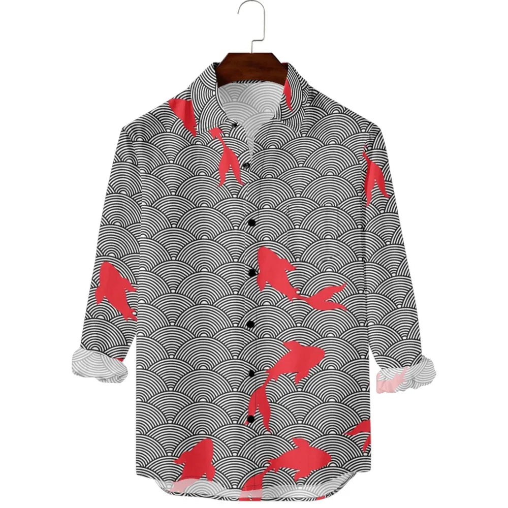 Hawaiian Men Shirts Cultural Crane Clouds Wave Printed Full Sleeve Button Up Casual Vacay Beach Parties Travel Poolside Shirt — image 3
