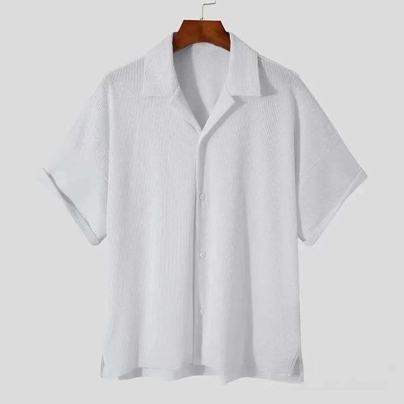 New Men Shirts Short Sleeve Turn-down Collar Casual Tops Spring Summer Fashion Solid Rib Loose Shirt For Men Clothing Streetwear — image 3
