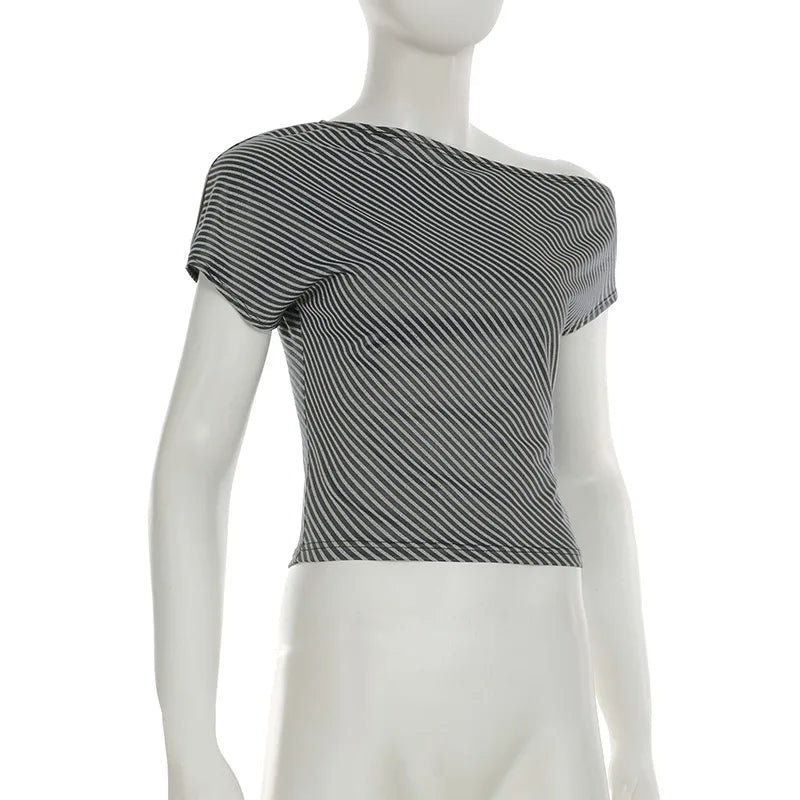 Striped T Shirts For Women Streetwear Inclined Collar Crop Top Y2k Accessories Short Sleeve Grunge Clothes Ropa Mujer Camisetas — image 15