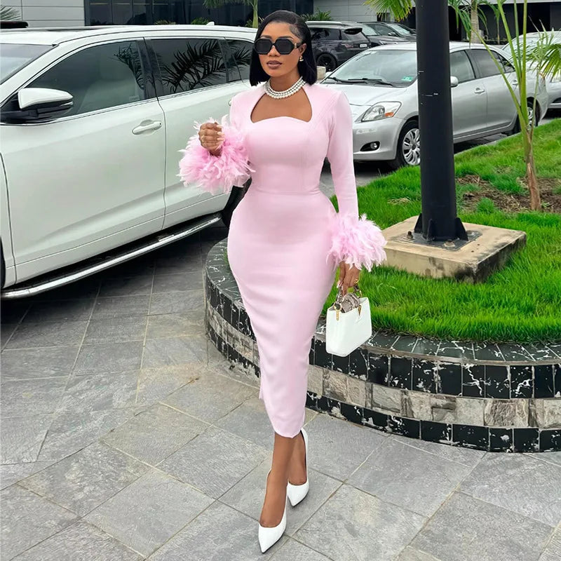 Women's Clothing 2024 Autumn New Item Sweet and Fresh Square Neck Long Sleeved Feather Decoration High Waist Slimming Dress — image 19