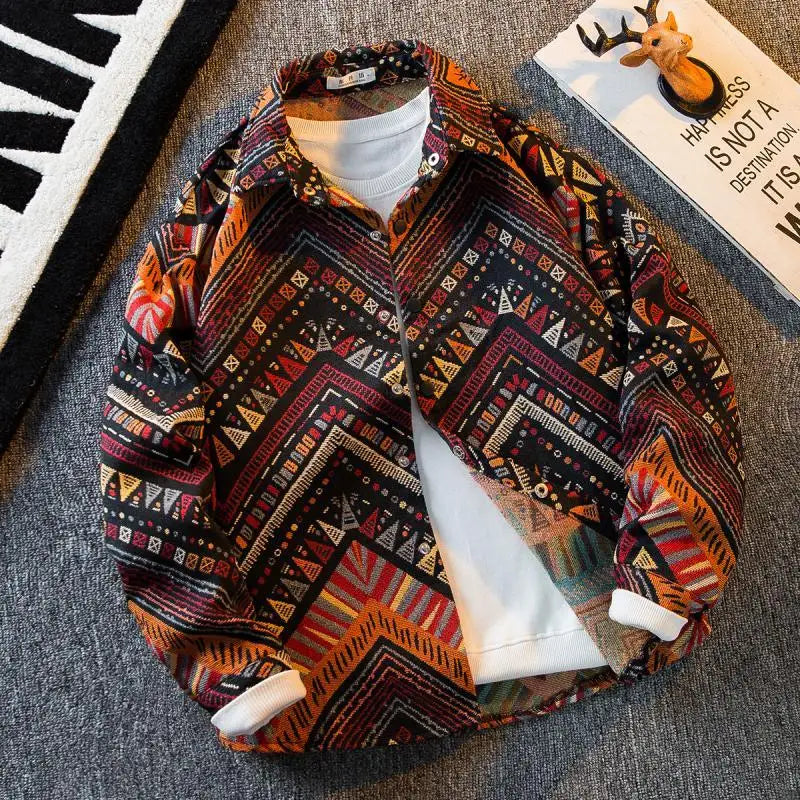 Men's high-density woven shirt men's high-end retro ethnic style long sleeved shirt trendy clothing jacket men clothing shirt — image 1