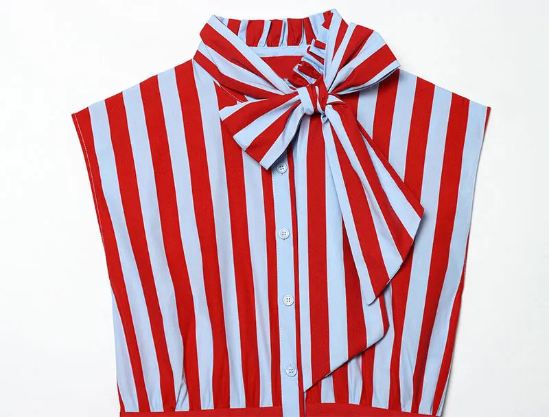 Women's Shirt 2026 New Summer Fitted Waist Bowknot Sleeveless Striped Shirt for Women Elegant Chic Personality Ladies Shirt — image 18