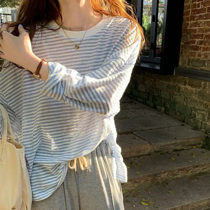 Women's Clothing  Casual T Shirt Summer 2025 Long-sleeved Fashion Korean Style Loose Striped Sunscreen Casual T Shirt — image 1