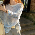 Women's Clothing  Casual T Shirt Summer 2025 Long-sleeved Fashion Korean Style Loose Striped Sunscreen Casual T Shirt — image 1