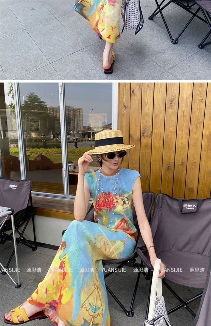 Womens Dresses Woman Clothes  Miyake High-grade Pleated Print Dress Chinese National Style Cheongsam Skirt Fishtail Skirt Summer — image 6
