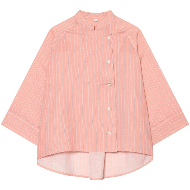 Women's Pink Striped Shirts Summer Asymmetric Button Mid Sleeve Loose Fit Shirts Casual Office Look Vintage Elegant Female Tops — image 13