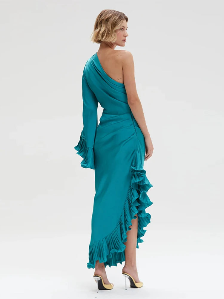Women's Dresses Elegant Party Dress Satin One-Shoulder Ruffled Midi Dress Sexy Elegant Formal Gown Woman Clothes New Outerwear — image 1