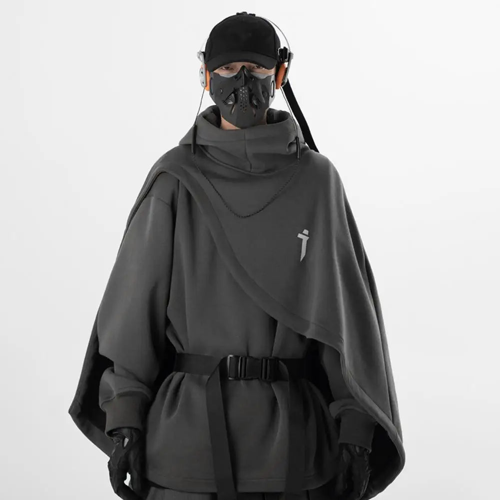Men Hoodie Fake Two-piece Poncho Multi-Layered Irregular Mechanical Style Hoodie High Collar Batwing Sleeve Street Wear Hoodie — image 5
